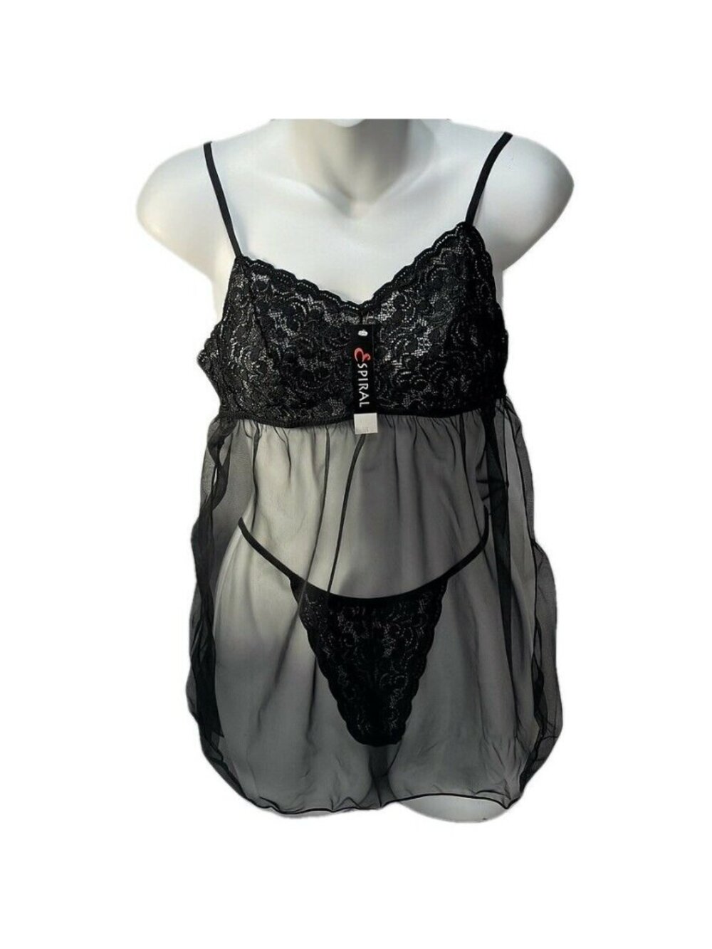 Black Espiral Sheer Lace Babydoll Lingerie Set With Thong Size M